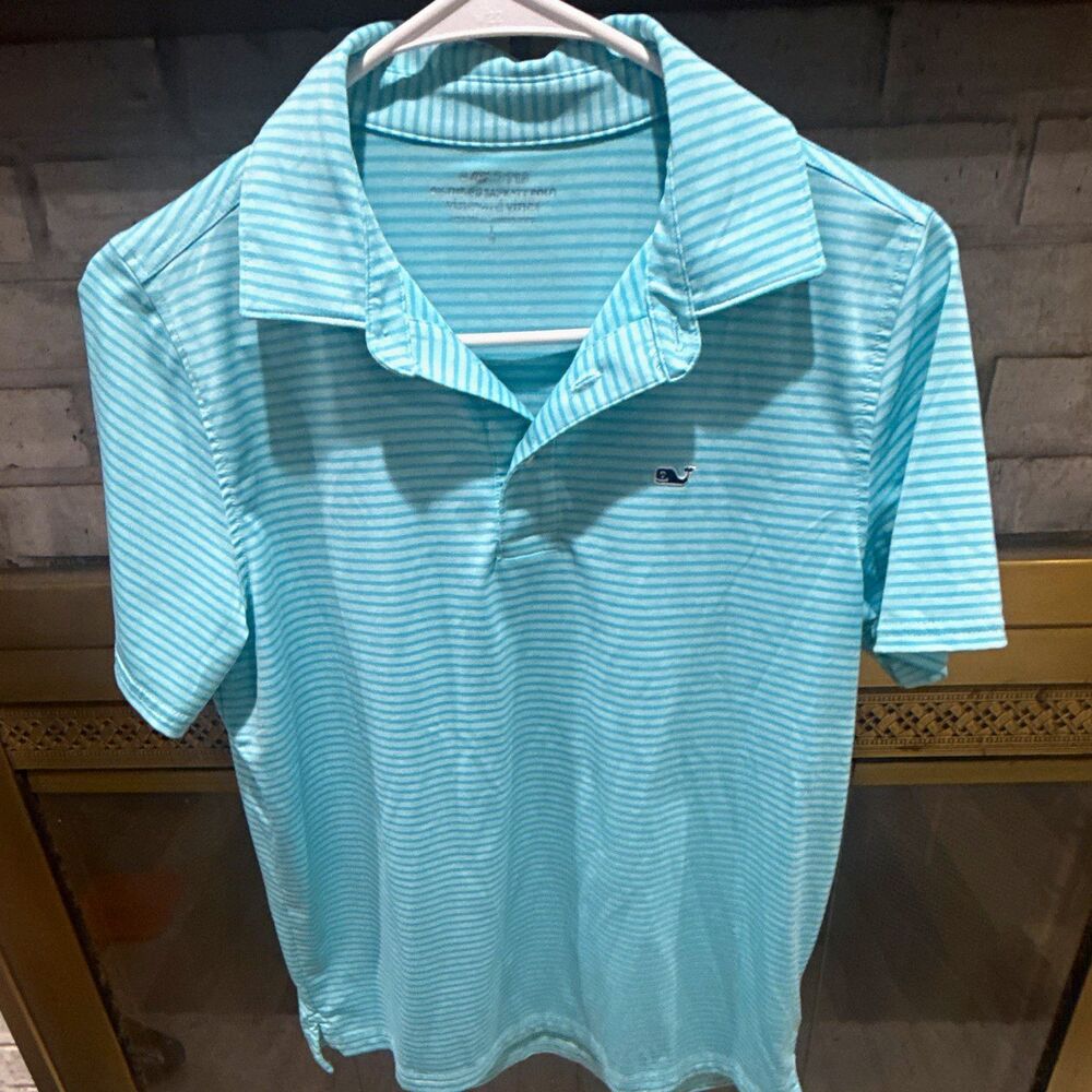 Vineyard Vines On-The-Go Sankaty Boys Polo Shirt L Blue White Stripe Stretch